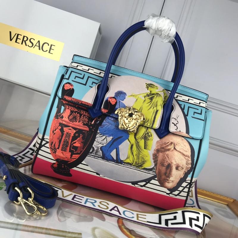 Versace Chain Handbags DBFF453 full leather printed blue, red, and blue
